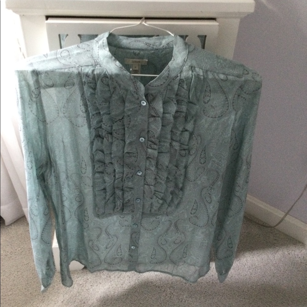 J. Crew Light Teal Paisley Sheer Ruffle Front Blouse